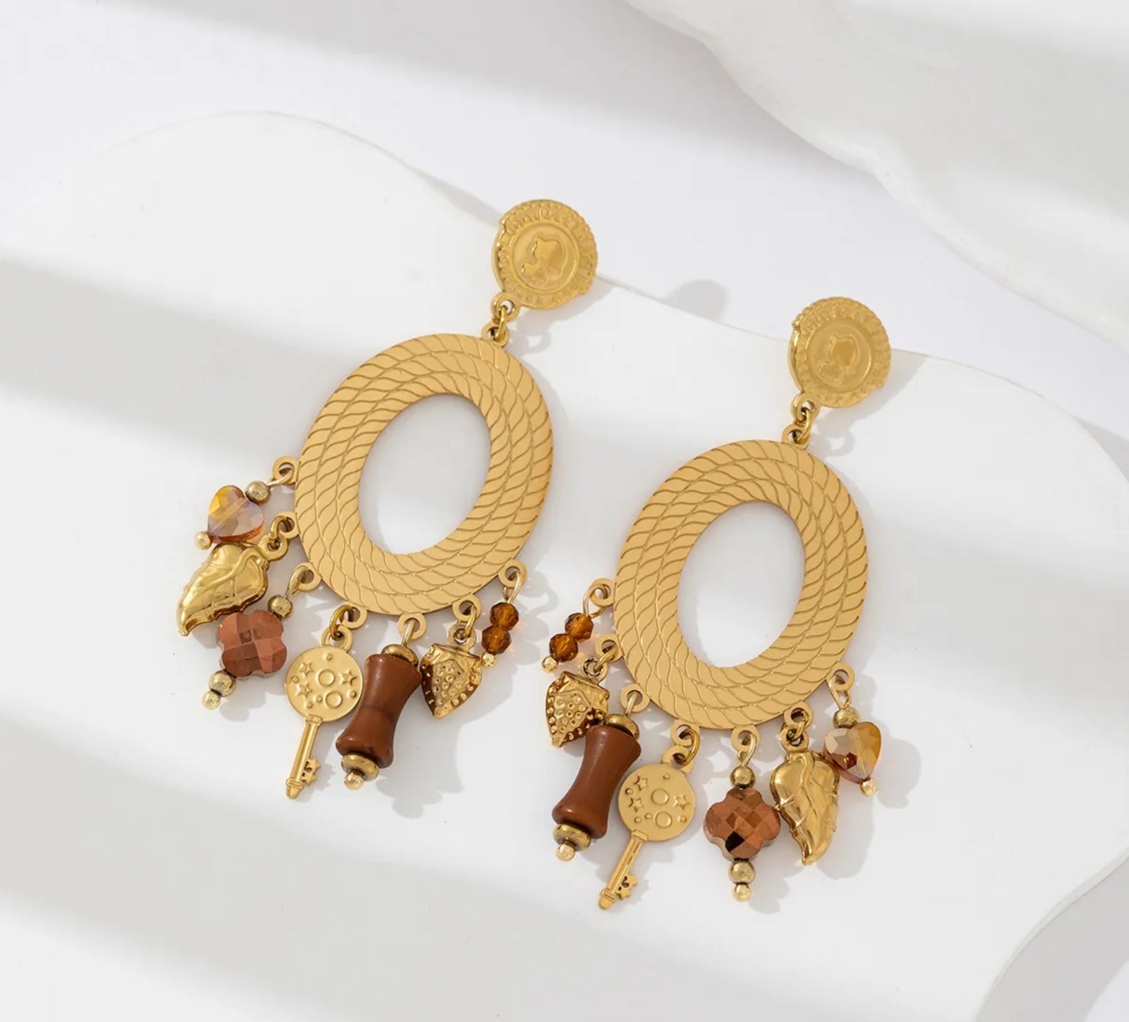Gold Oval Charm Drop Earrings with Vintage Key and Bead Details