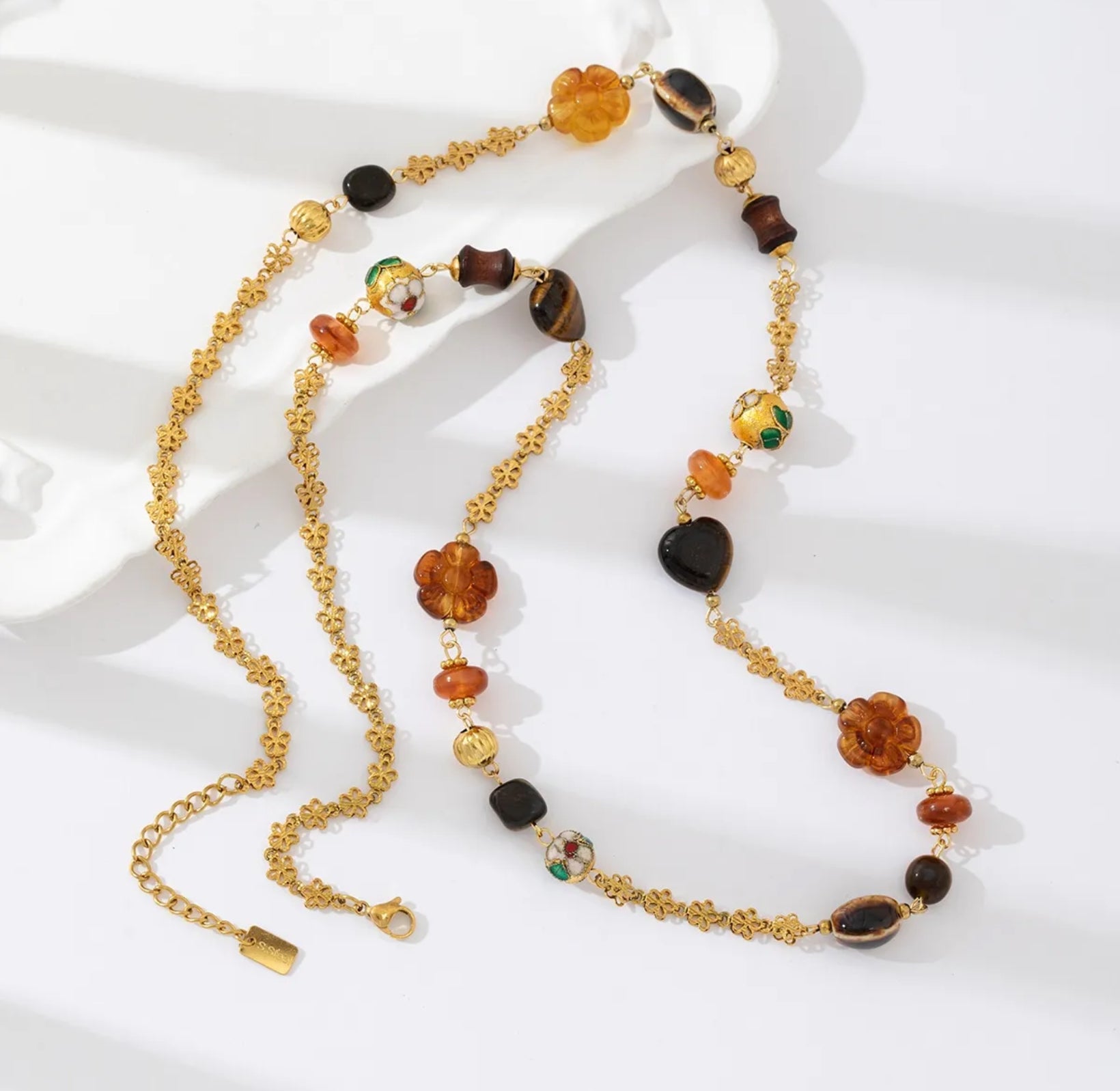 Gold Beaded Floral Charm Necklace | Vintage Boho Long Chain