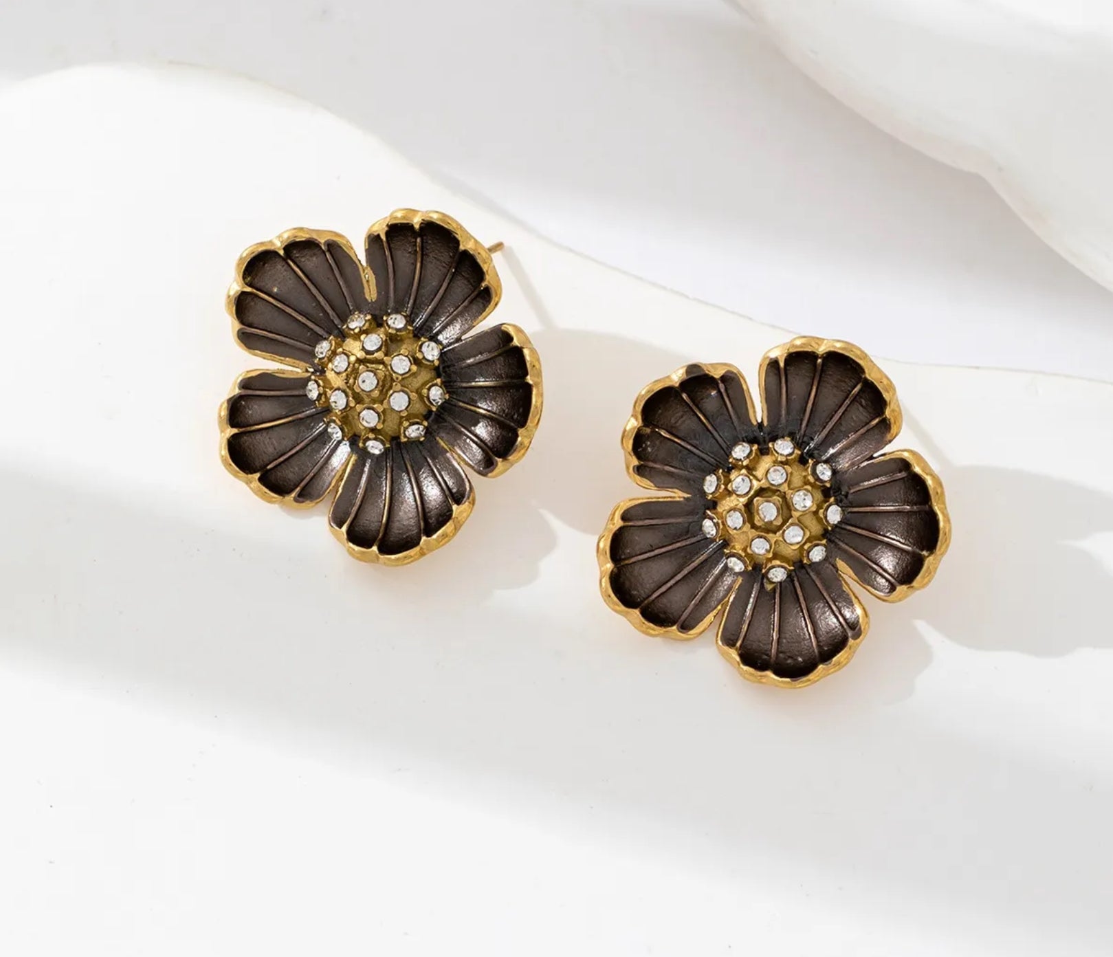 Brown Enamel Floral Stud Earrings with Crystal Center | Vintage Gold Petal Design
