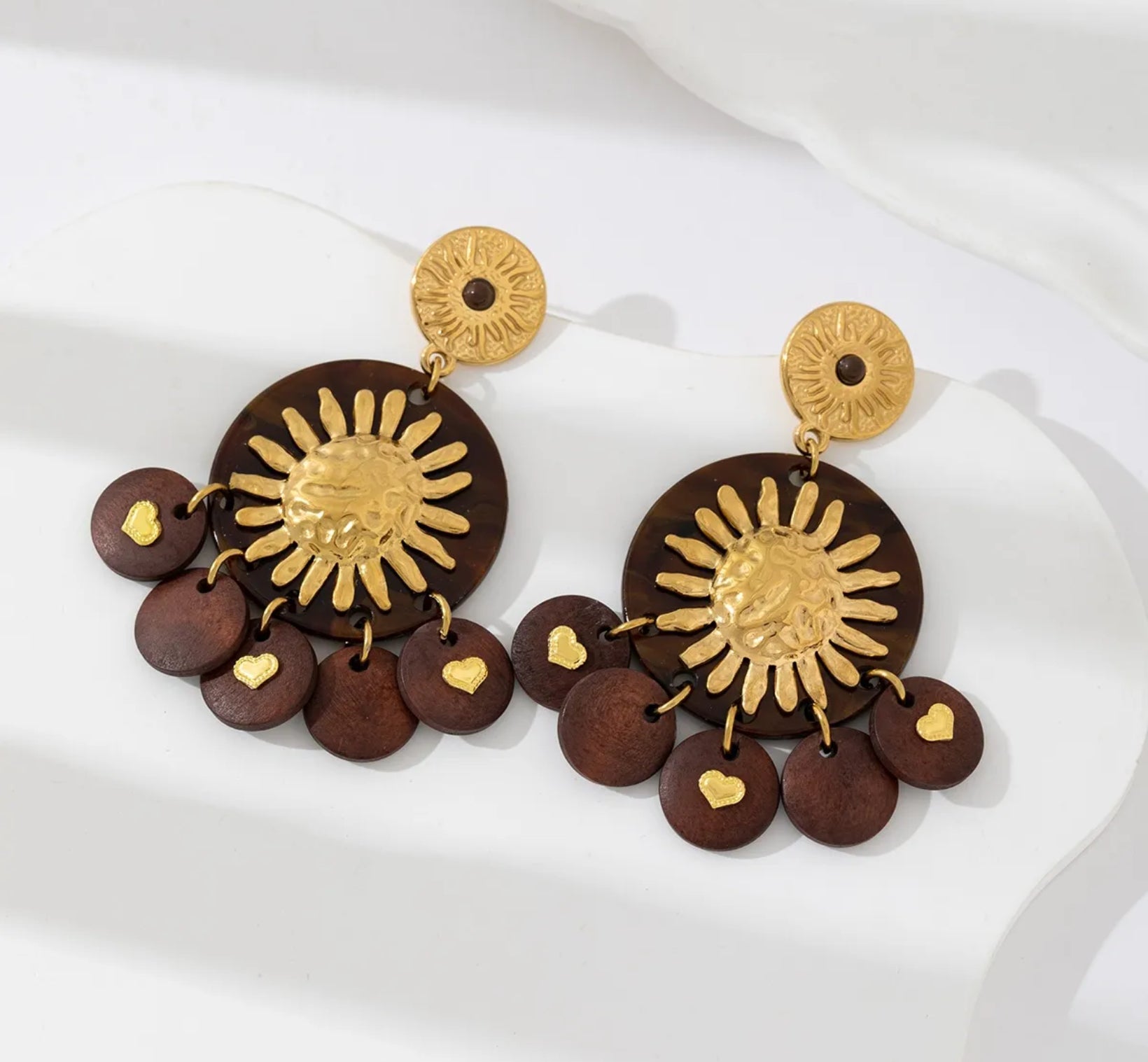 Golden Sunburst & Heart Drop Earrings | Boho Wooden Statement Jewelry