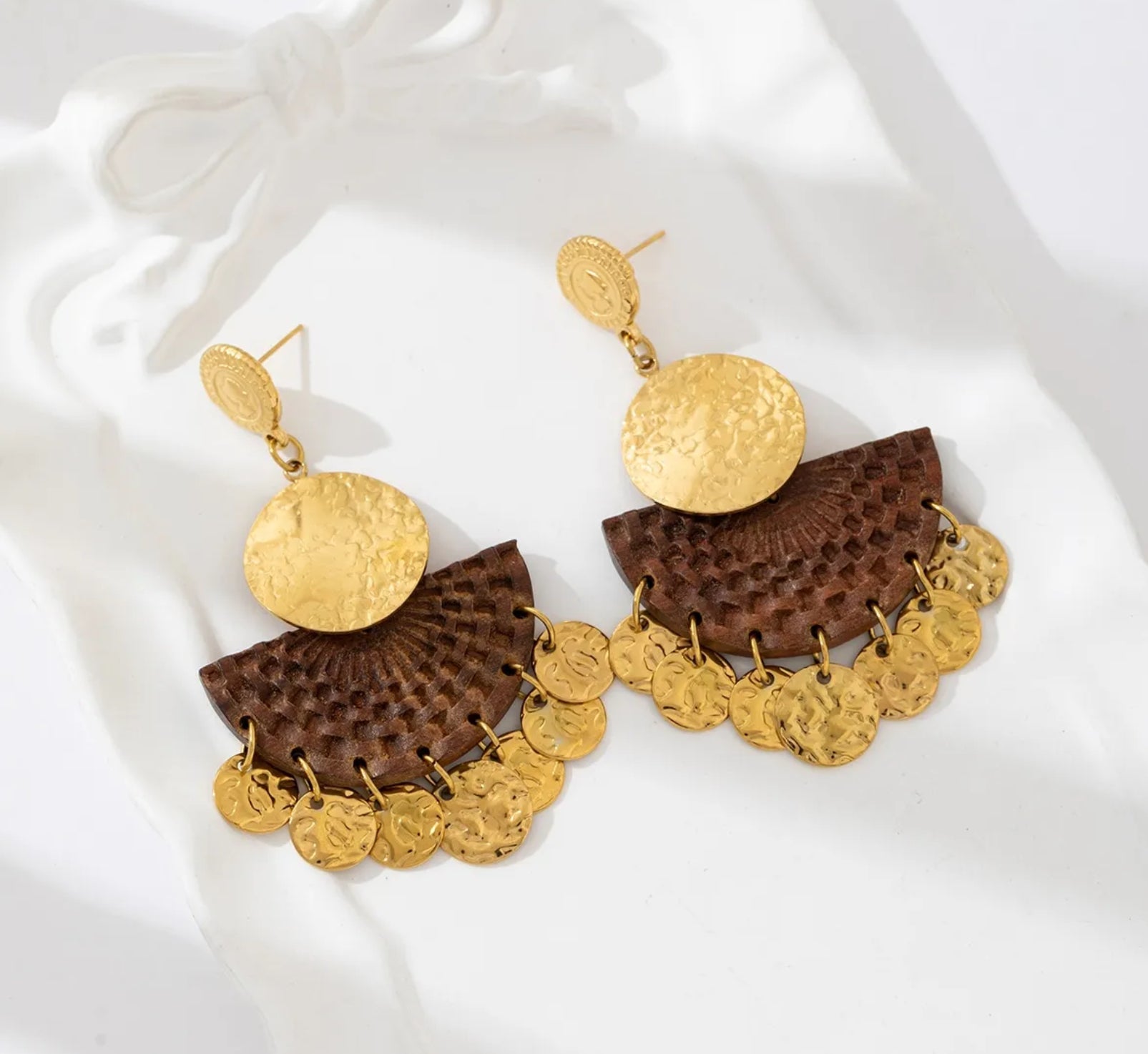 Textured Gold & Wood Fan Statement Earrings | Boho Chic Dangle Design