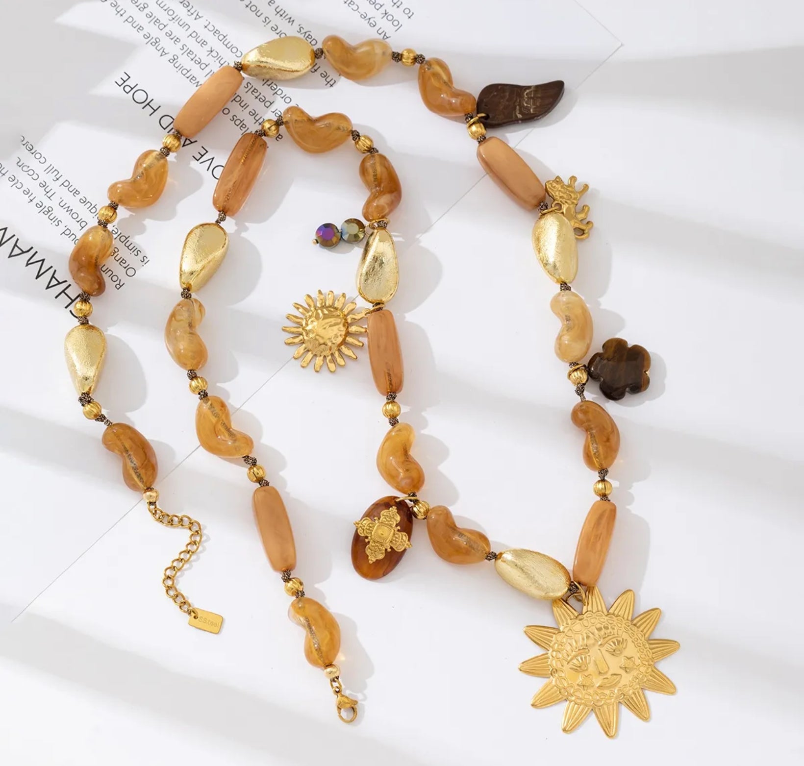 Golden Sun Charm Beaded Necklace | Boho Luxe Statement Jewelry