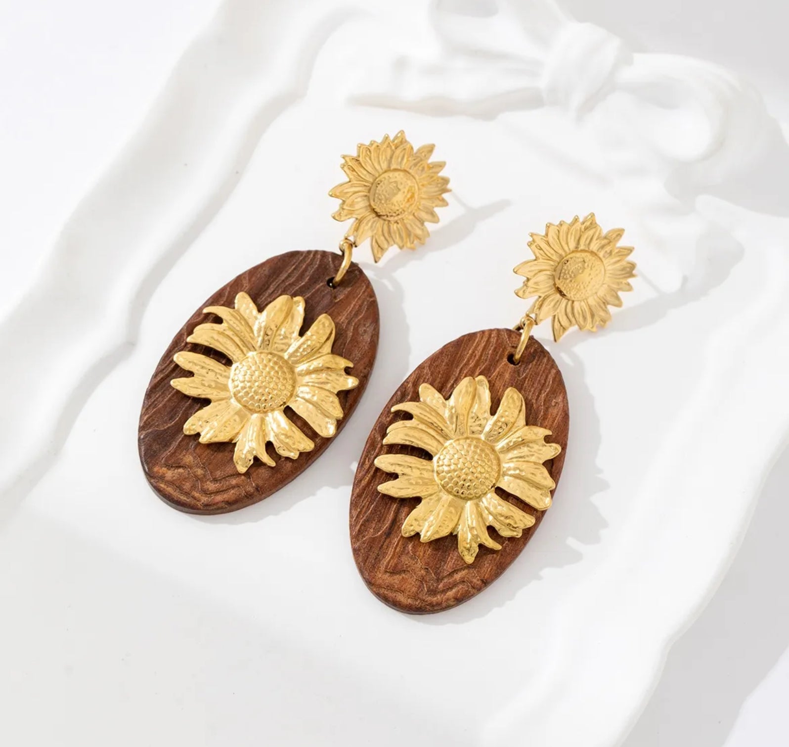 Golden Sunflower & Wood Drop Earrings | Boho Nature-Inspired Jewelry