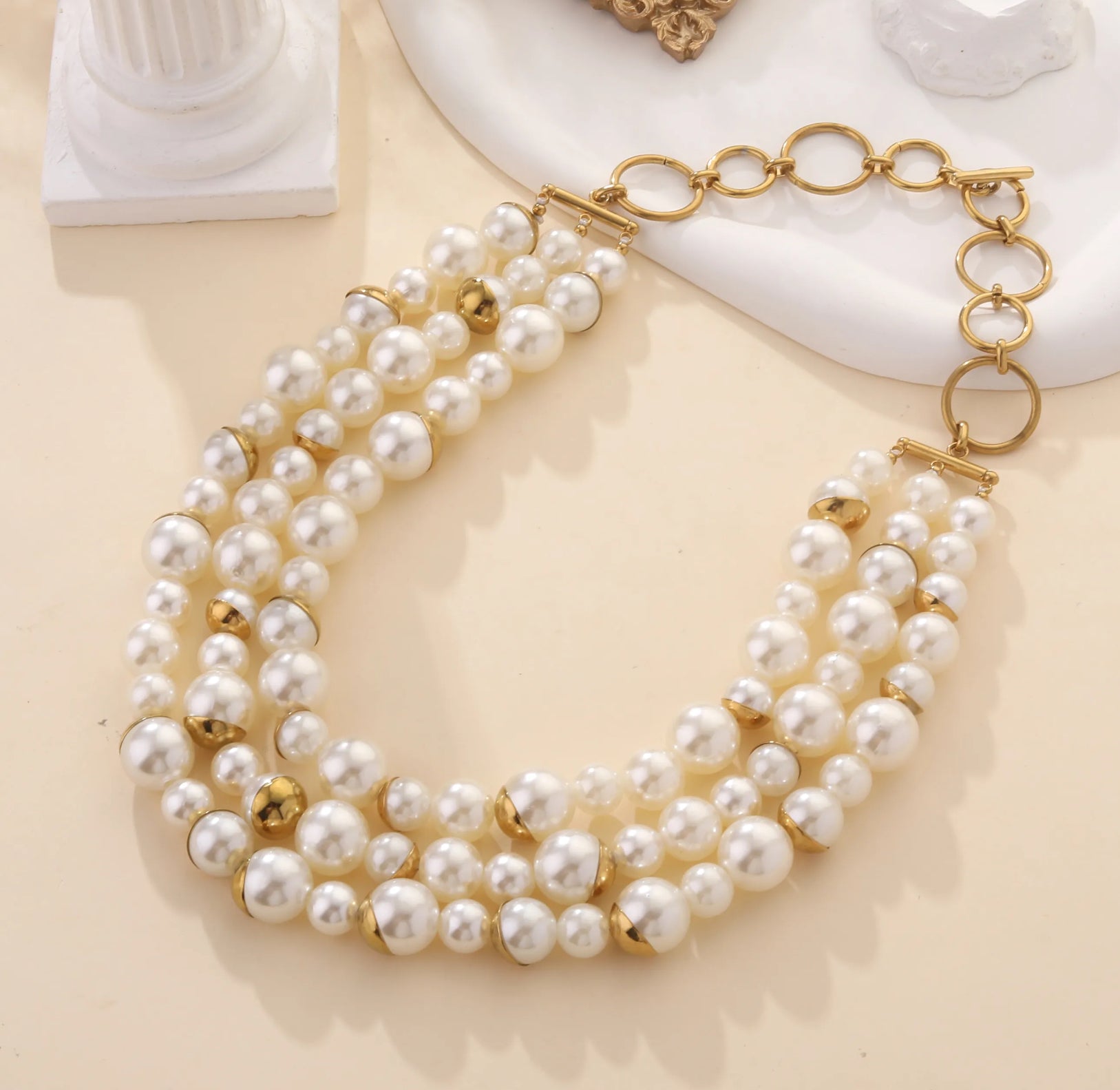 Triple Layer Pearl & Gold Bead Necklace | Classic Glamour Redefined