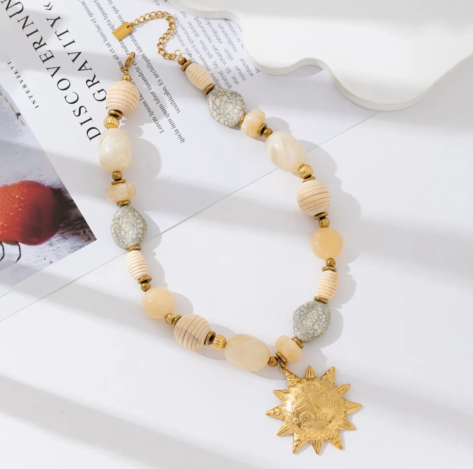 Golden Sun Pendant Beaded Necklace | Boho Luxe Statement Piece