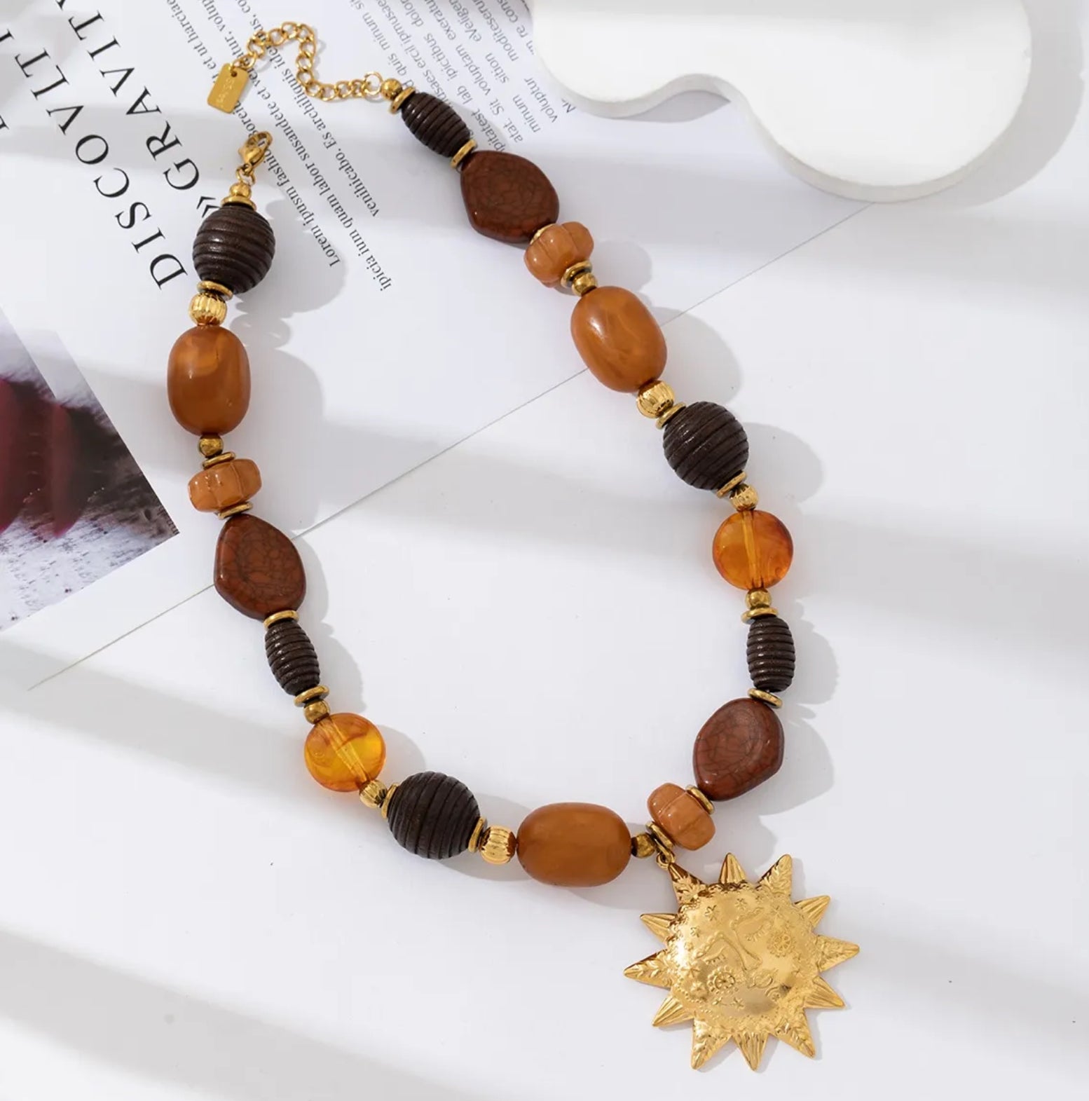 Golden Sun Pendant Beaded Necklace | Boho Luxe Statement Piece