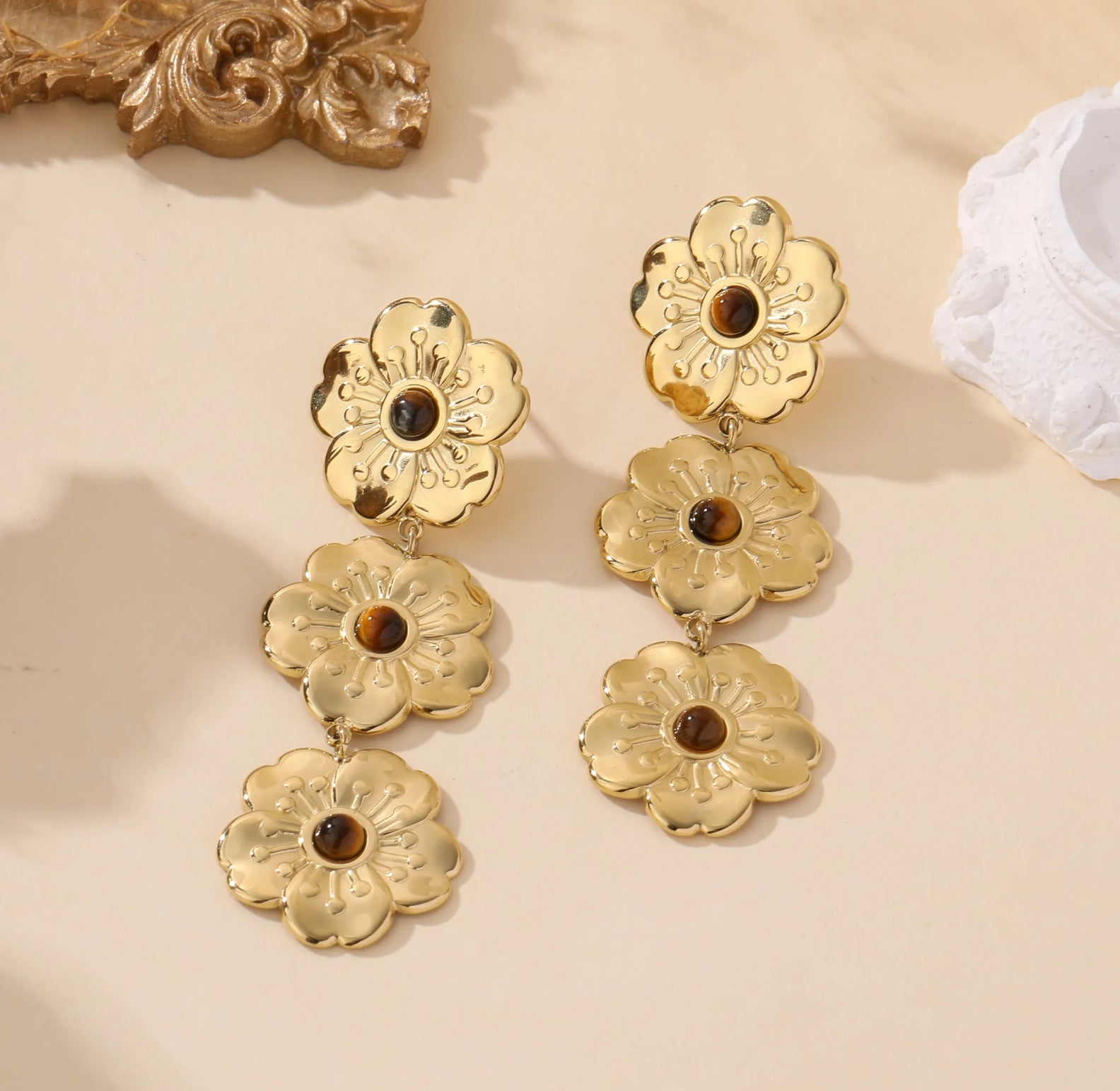 Triple Floral Drop Earrings in Gold | Elegant Statement Jewelry