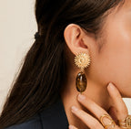 Golden Sunburst Gemstone Drop Earrings | Radiant Boho Chic