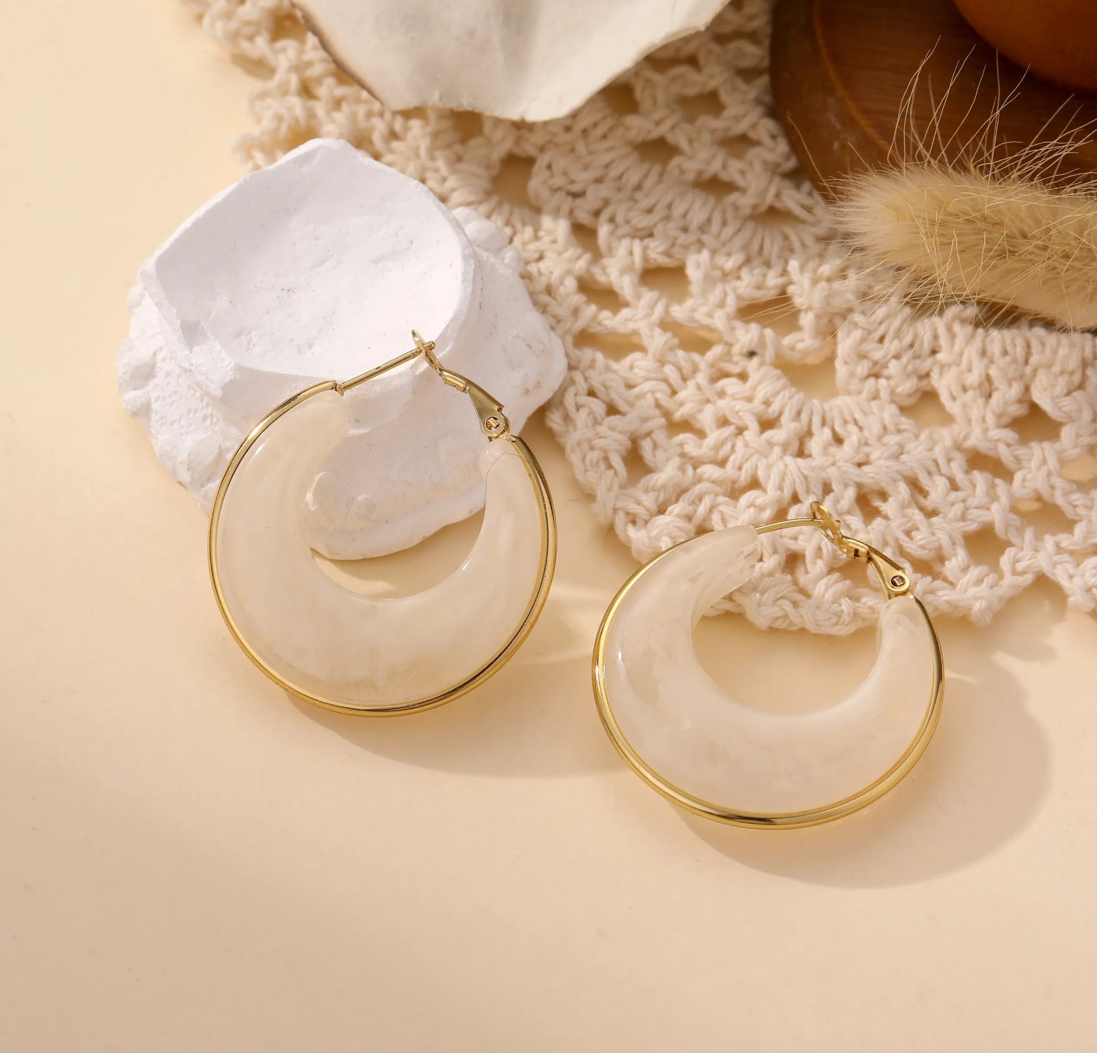 Ivory Crescent Hoop Earrings | Modern Boho Elegance