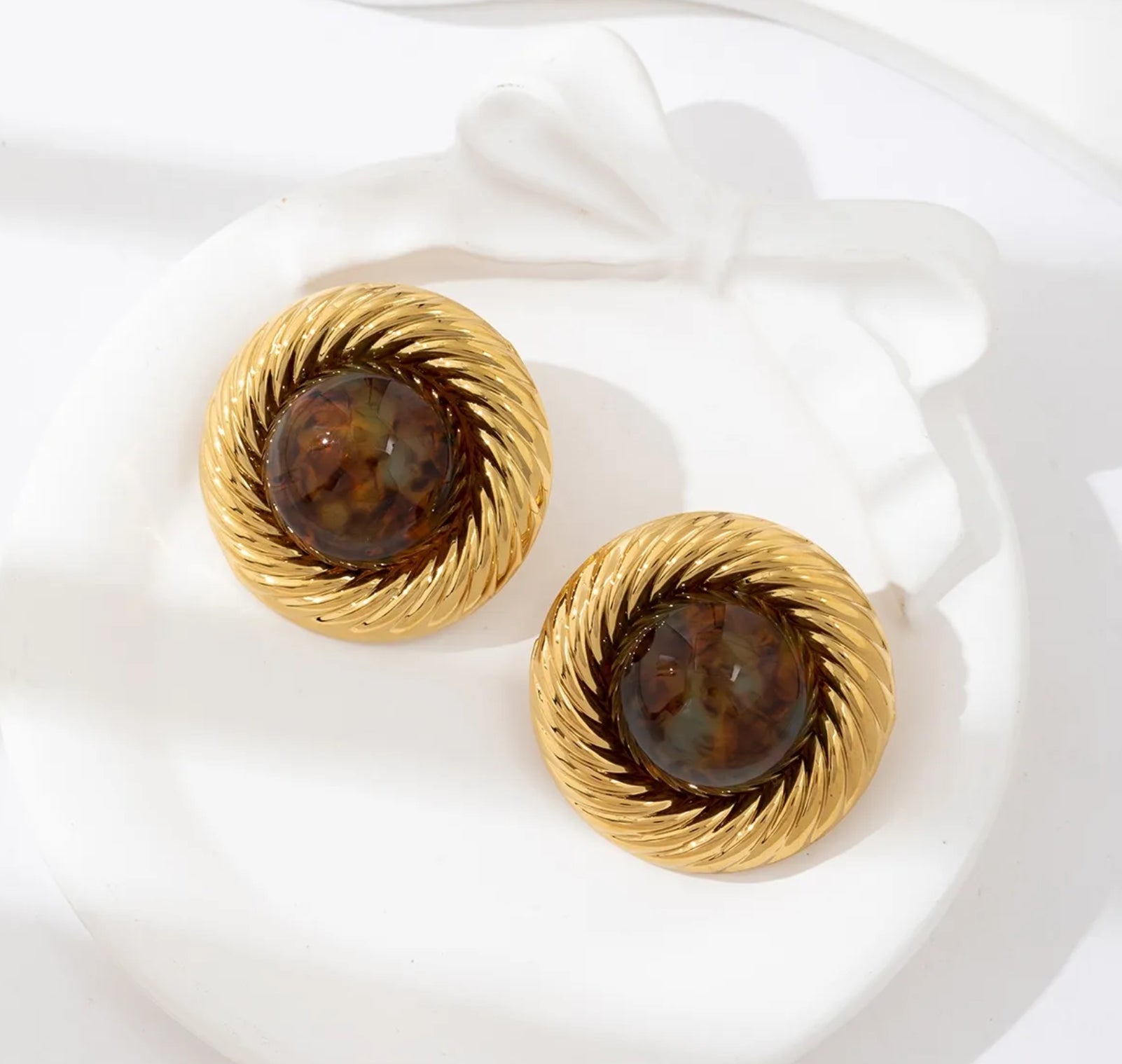 Golden Vintage Swirl Earrings | Amber Stone Statement Studs