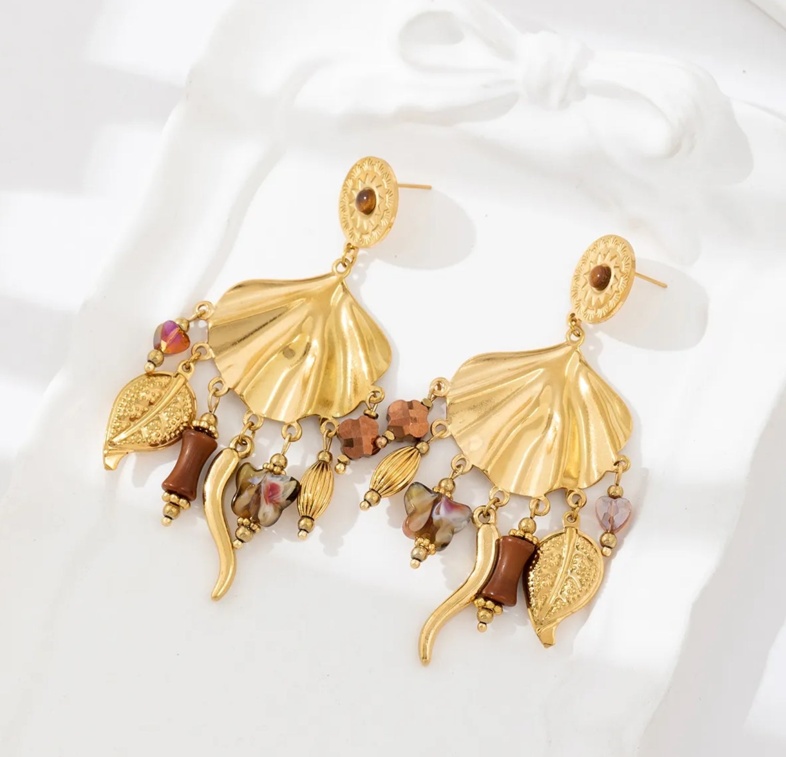 Golden Shell Bohemian Earrings | Mixed Charm Statement Dangles