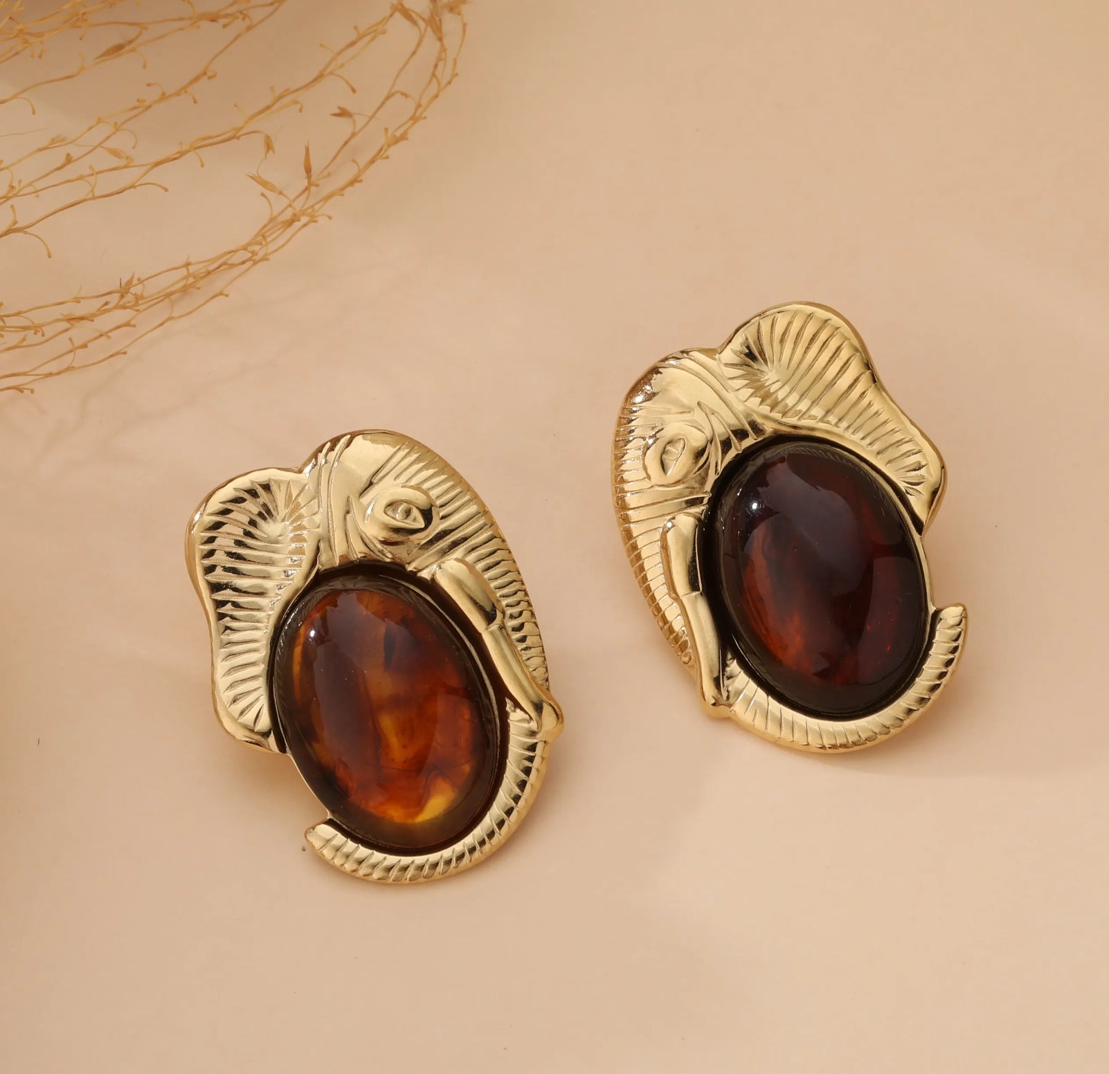 Golden Elephant Statement Earrings | Amber Stone Vintage Design