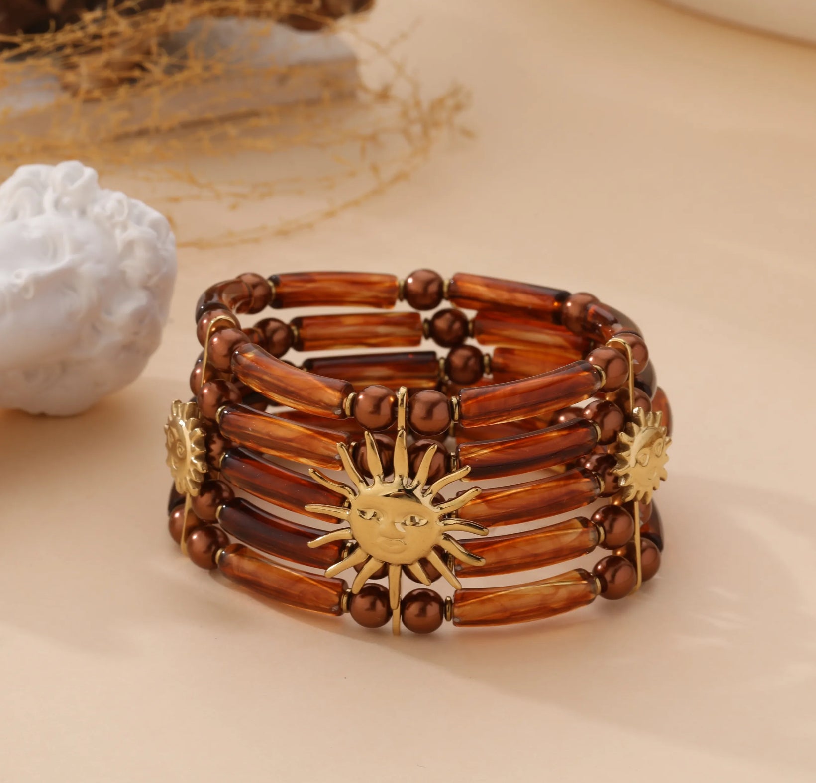 Golden Sun Charm Beaded Bracelet | Amber Glow Statement Piece