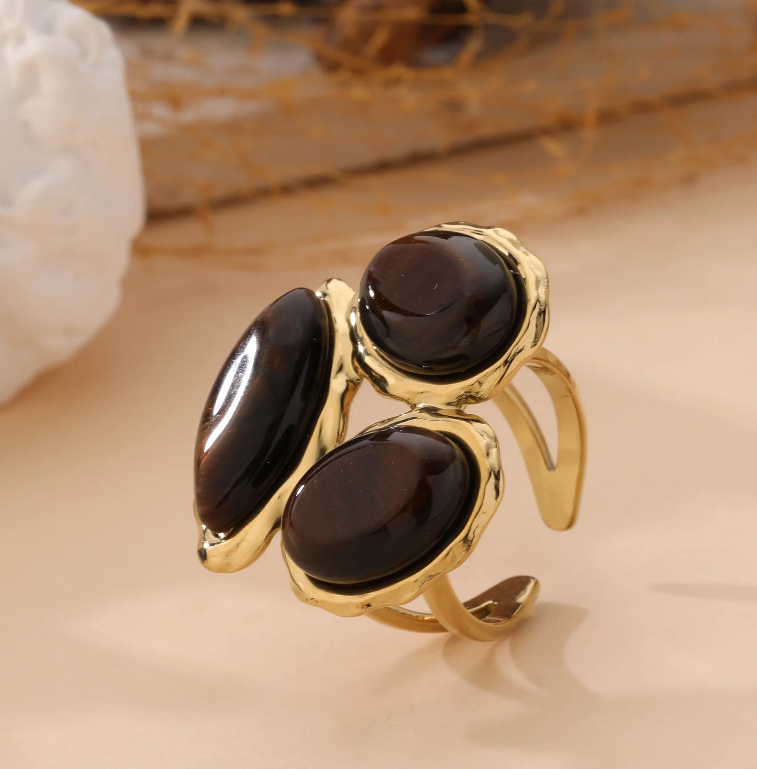 Triple Stone Statement Ring | Gold Plated with Deep Brown Gemstones