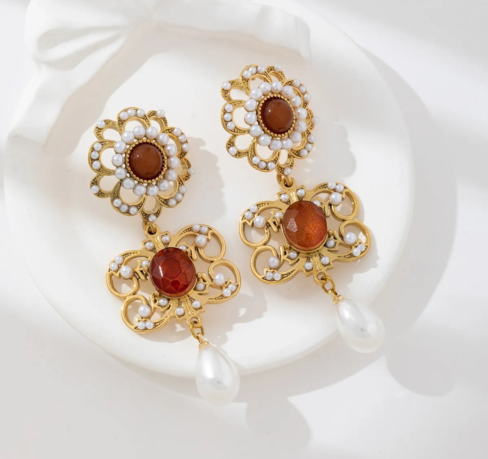 Baroque Pearl Drop Earrings | Vintage Gold & Amber Crystal Design
