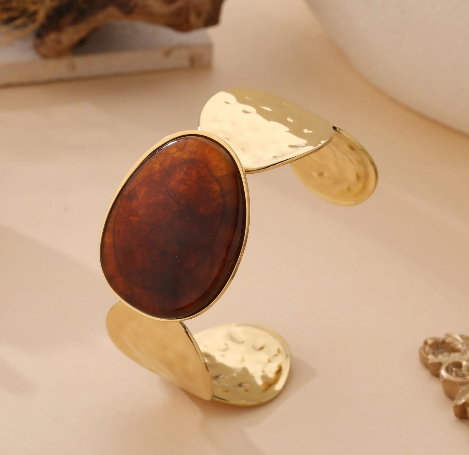 Hammered Gold Cuff Bracelet | Statement Brown Stone Design