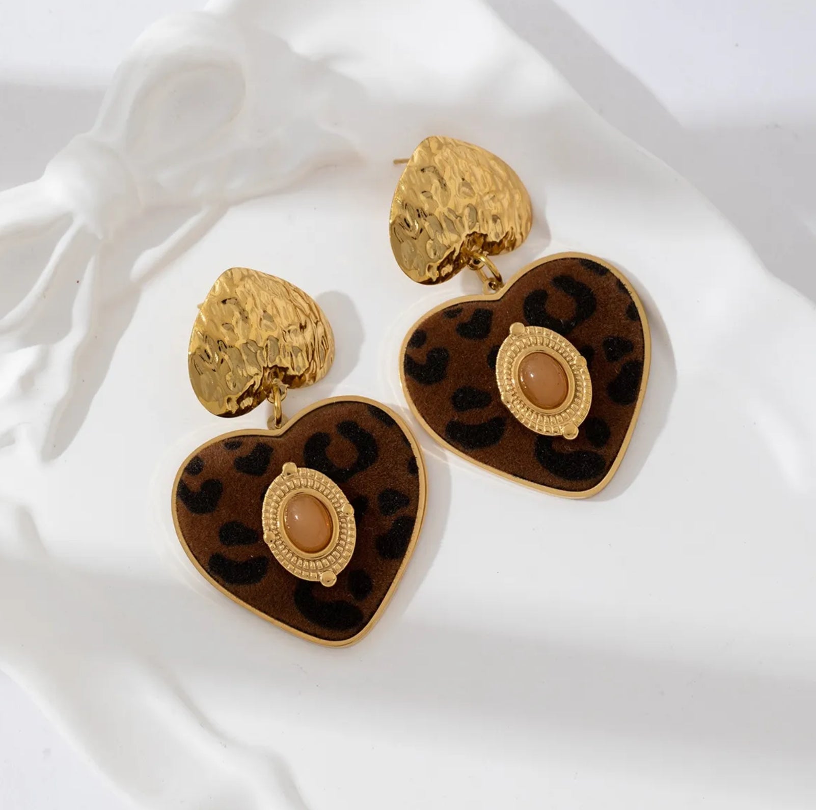 Leopard Heart Drop Earrings | Gold Hammered Heart & Animal Print Design