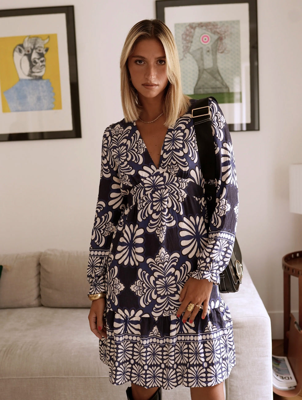 Navy Floral Boho Dress | Long Sleeve V-Neck Printed Mini Dress