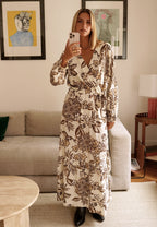 Beige Floral Wrap Maxi Dress | Elegant Long Sleeve Boho Style