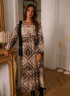 Brown Paisley Patchwork Wrap Dress | Long Sleeve Bohemian Maxi