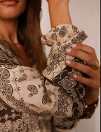 Brown Paisley Patchwork Wrap Dress | Long Sleeve Bohemian Maxi