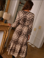 Brown Paisley Patchwork Wrap Dress | Long Sleeve Bohemian Maxi