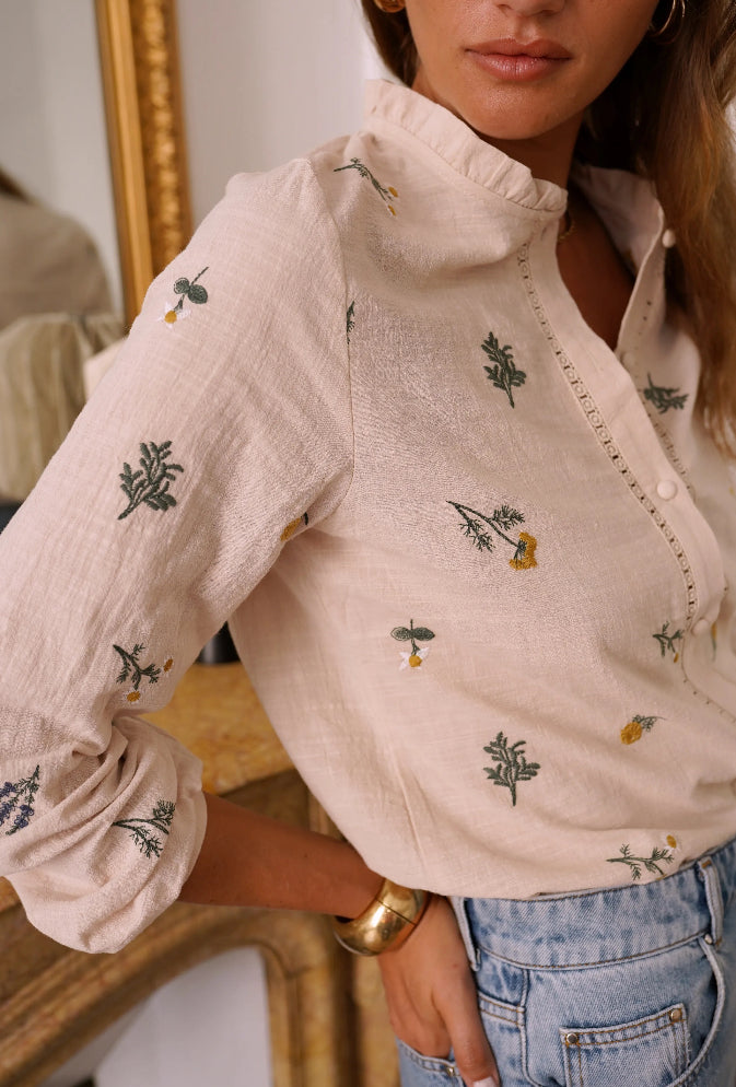 Beige Floral Embroidered Blouse | Romantic Boho Button-Up Top