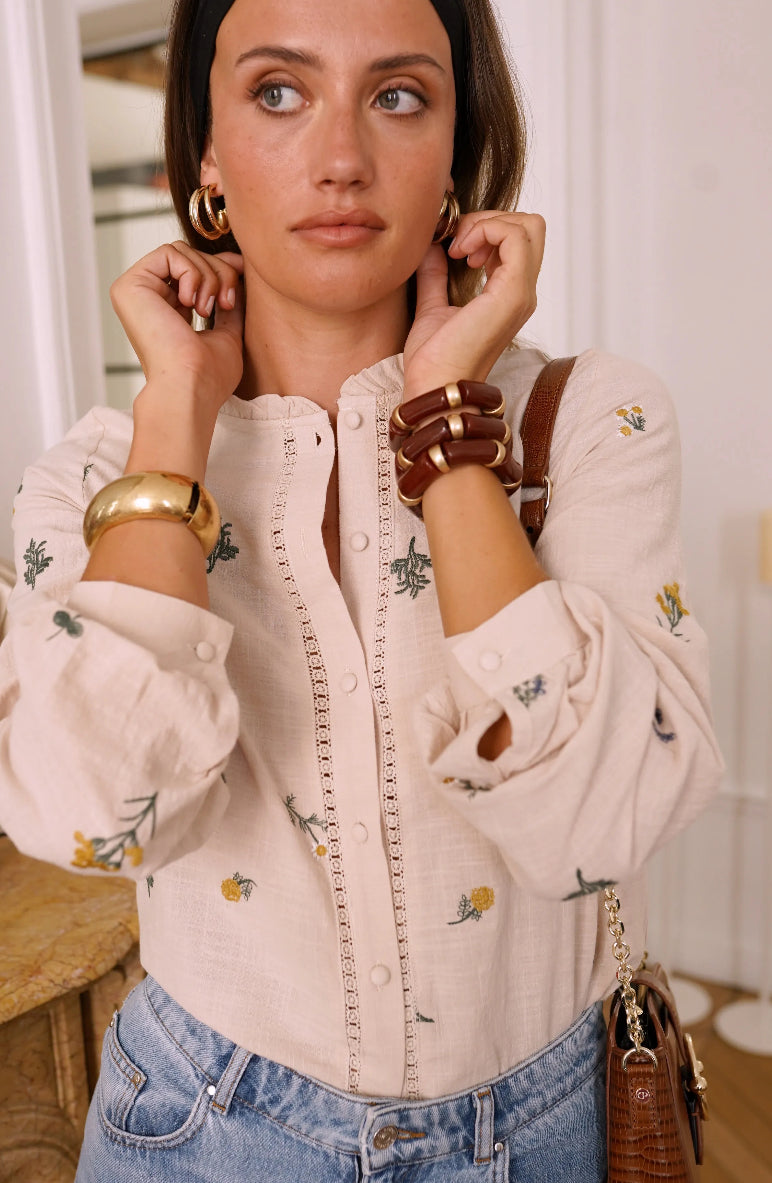 Beige Floral Embroidered Blouse | Romantic Boho Button-Up Top