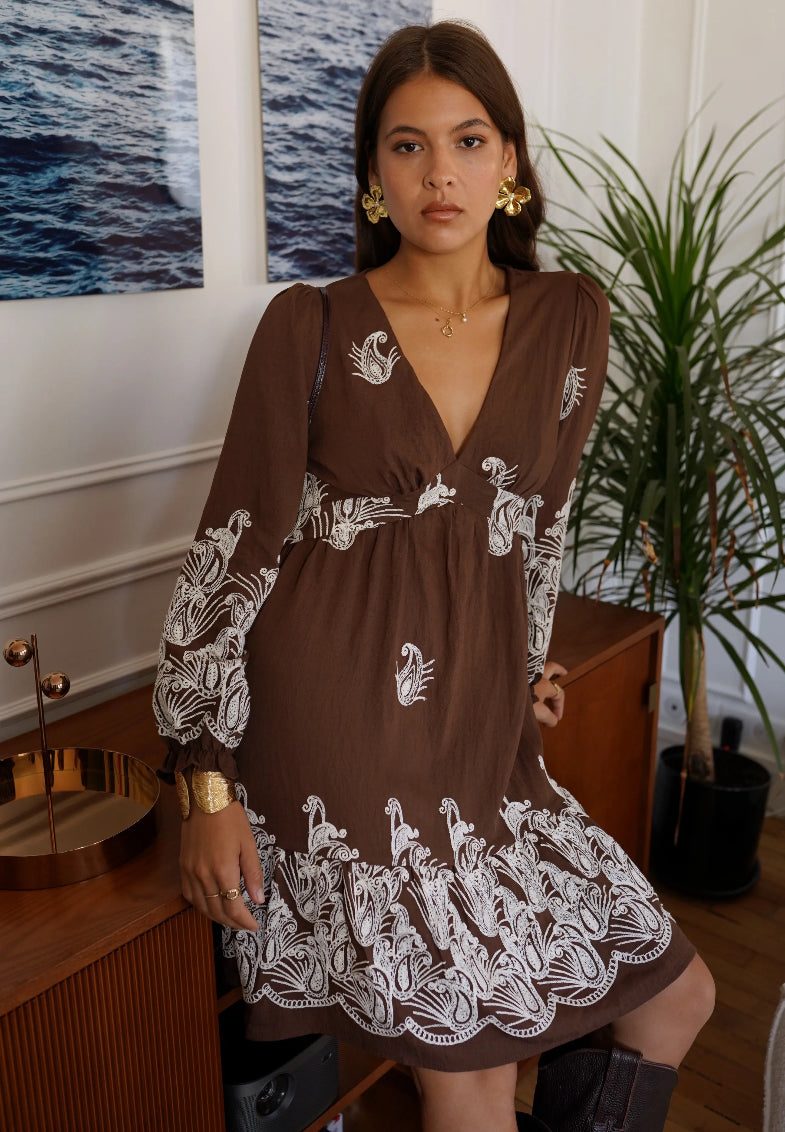 Brown Embroidered Mini Dress | Elegant Boho Chic Style