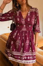 Burgundy Boho Mini Dress | Printed V-Neck Long Sleeve Dress