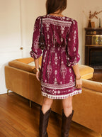 Burgundy Boho Mini Dress | Printed V-Neck Long Sleeve Dress