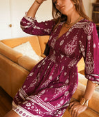 Burgundy Boho Mini Dress | Printed V-Neck Long Sleeve Dress
