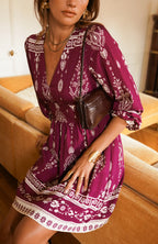 Burgundy Boho Mini Dress | Printed V-Neck Long Sleeve Dress