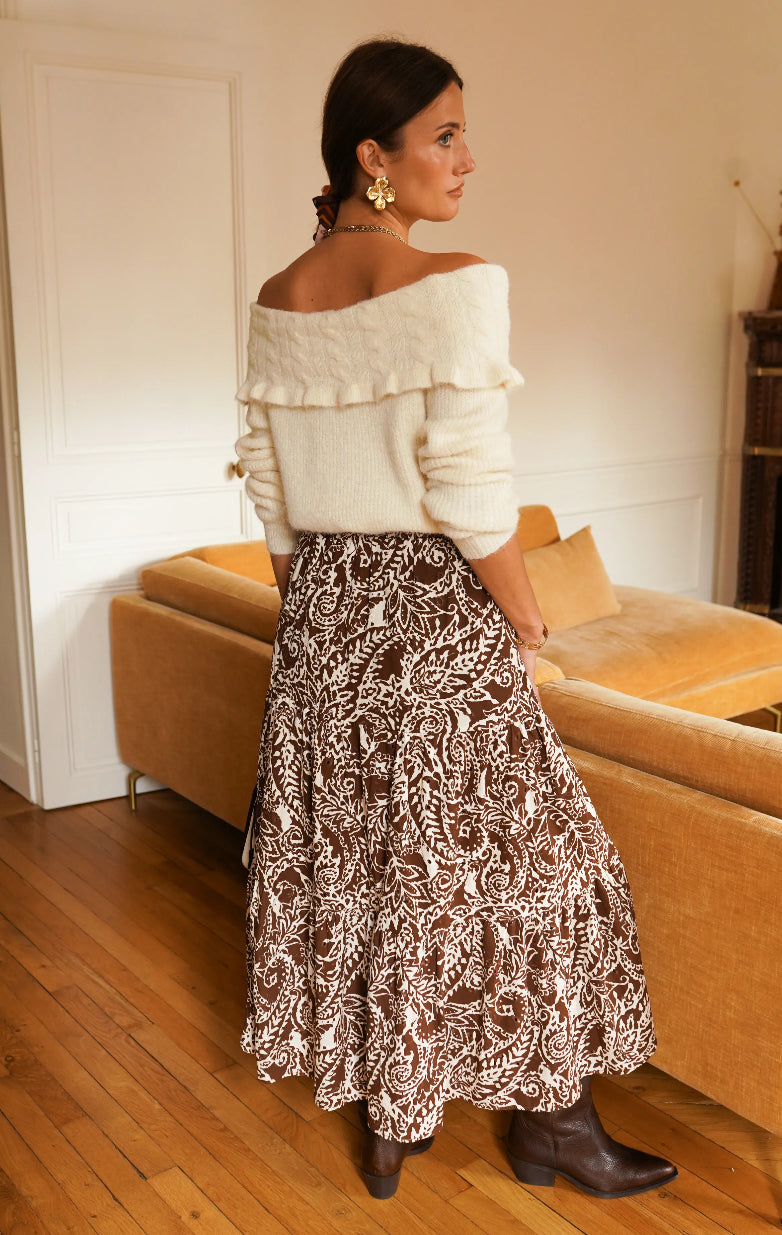 Brown and Cream Paisley Maxi Skirt | Boho Chic Elegance