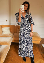 Navy and Cream Floral Maxi Dress | Timeless Boho Elegance