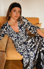 Navy and Cream Floral Maxi Dress | Timeless Boho Elegance