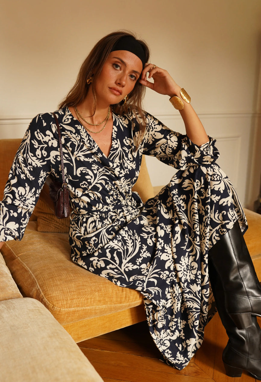 Navy and Cream Floral Maxi Dress | Timeless Boho Elegance