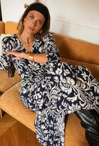 Navy and Cream Floral Maxi Dress | Timeless Boho Elegance