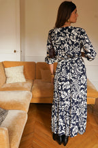 Navy and Cream Floral Maxi Dress | Timeless Boho Elegance