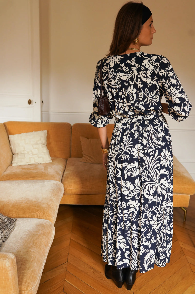 Navy and Cream Floral Maxi Dress | Timeless Boho Elegance