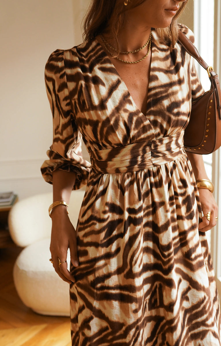 Brown Animal Print Wrap Dress | Bold & Elegant Statement Piece