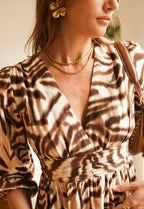 Brown Animal Print Wrap Dress | Bold & Elegant Statement Piece