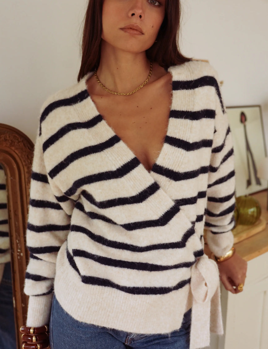 Burgundy and Cream Striped Wrap Sweater | Also Available in Beige with Navy Blue