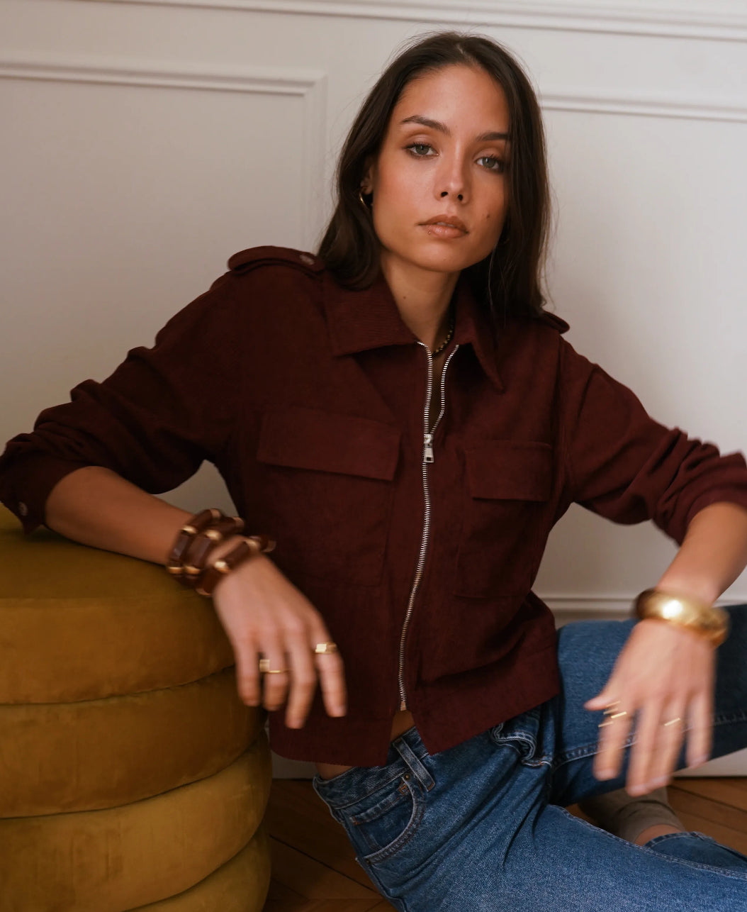 Brown Zip-Up Corduroy Jacket | Chic Utility Style