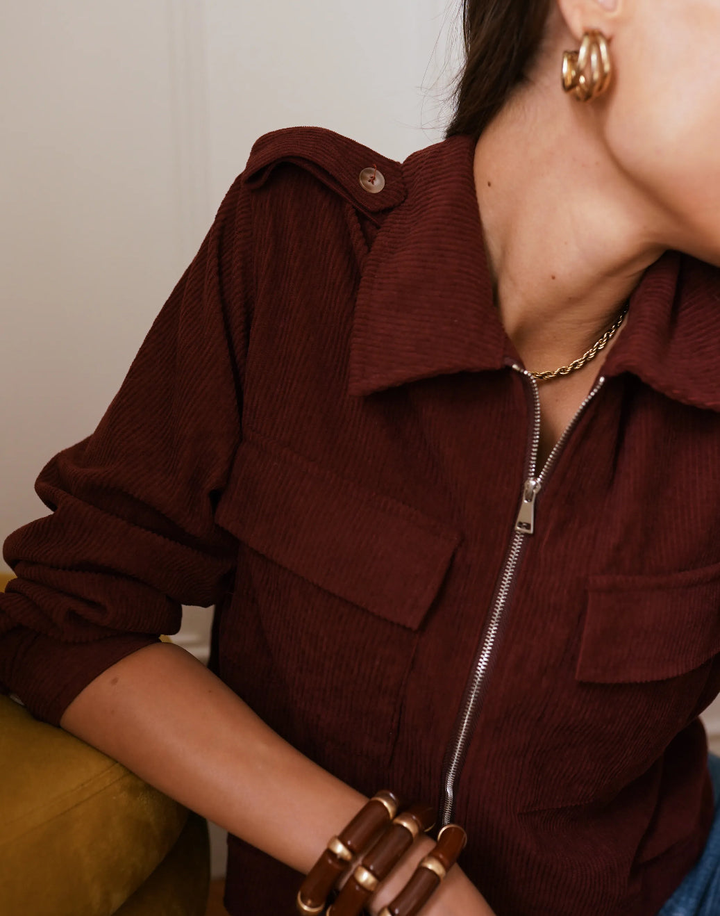 Brown Zip-Up Corduroy Jacket | Chic Utility Style