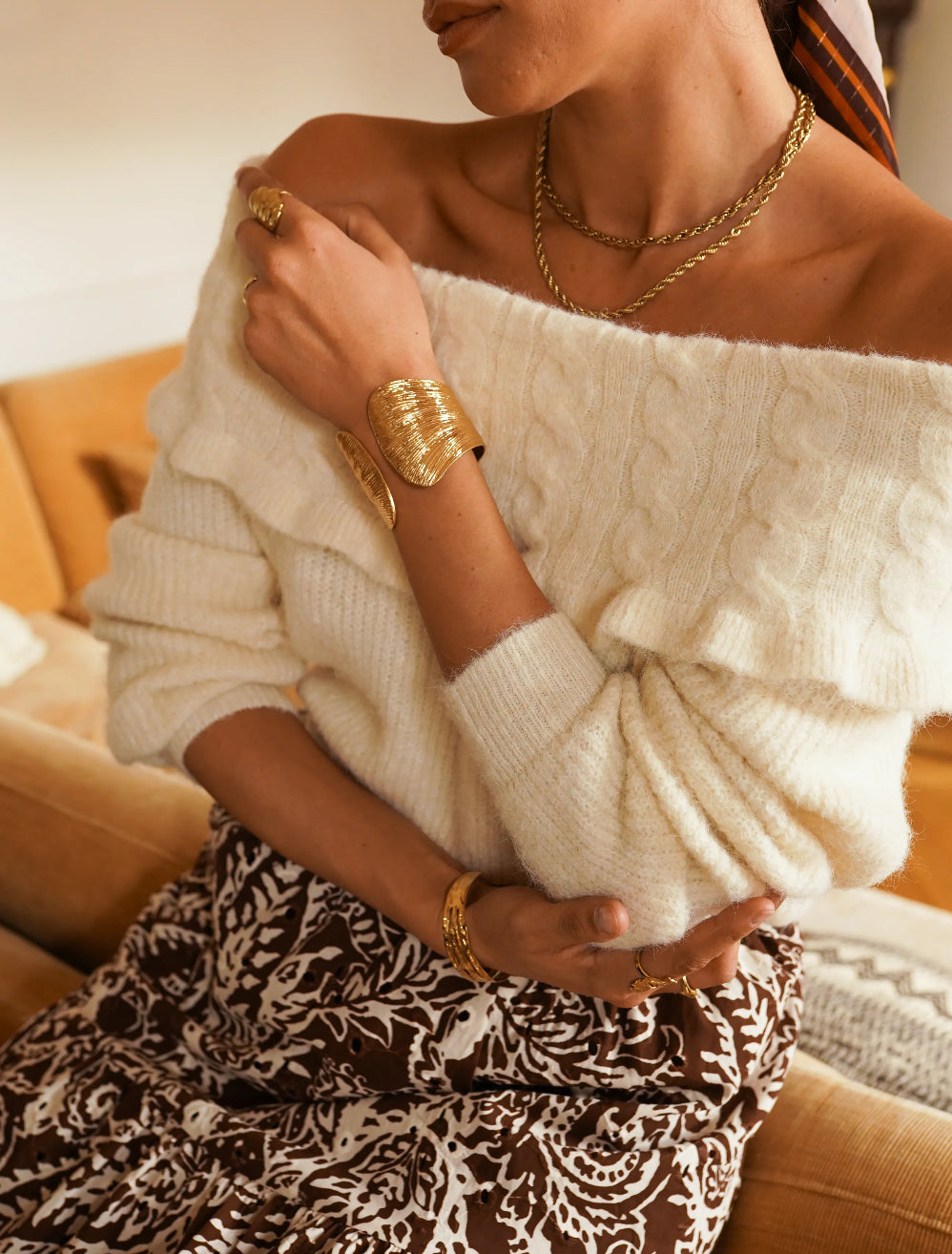 Off-Shoulder Cream Cable Knit Sweater | Elegant & Cozy Style