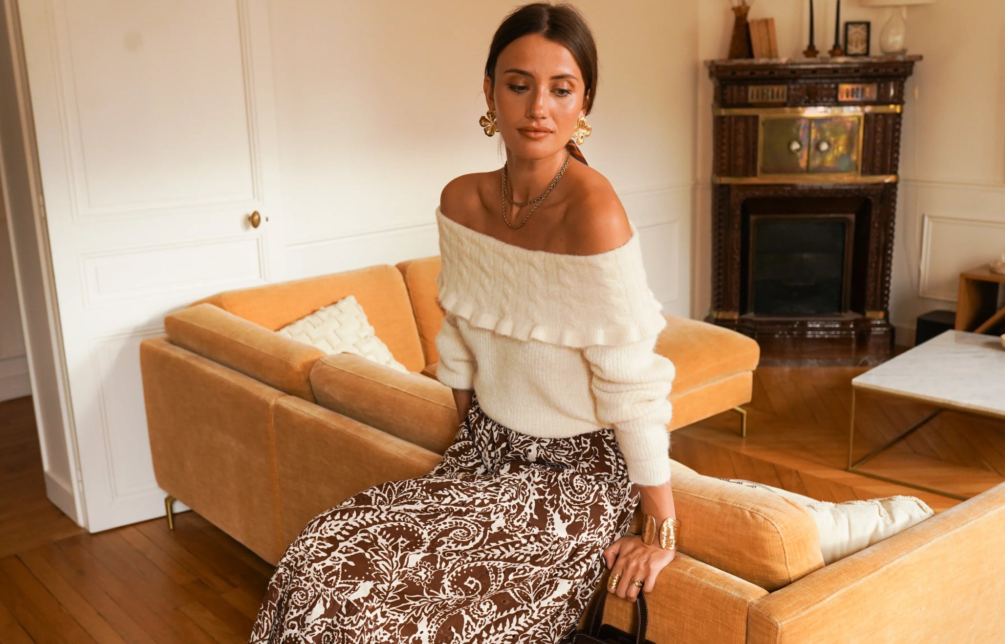 Off-Shoulder Cream Cable Knit Sweater | Elegant & Cozy Style