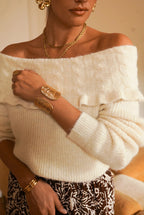 Off-Shoulder Cream Cable Knit Sweater | Elegant & Cozy Style