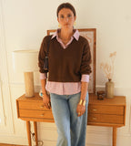 Brown V-Neck Sweater with Attached Striped Shirt | Effortless Layered Look