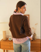 Brown V-Neck Sweater with Attached Striped Shirt | Effortless Layered Look